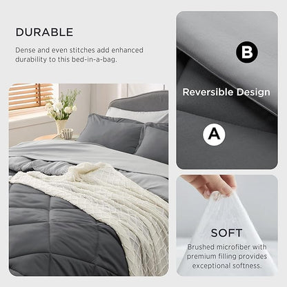 Bedsure Dark Grey California King Size Comforter Set - 7 Pieces Reversible California King Bed in a Bag, California King Dark Grey Bed Set with Comforters, Sheets, Pillowcases & Shams