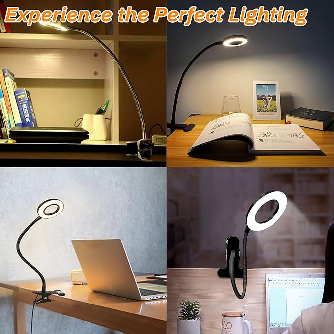 Lypumso Desk Lamp with Adapter, LED Reading Lamp Clip on Light, 3 Color Modes 10 Dimmable Brightness, Perfect Clamp Lamp for Home Office Studying Working Makeup Craft