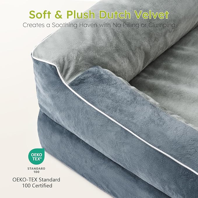 Extra Large Dog Bed, Orthopedic Dog Bed with Cooling Gel Memory Foam, Waterproof XL Dog Bed with Removable Washable Cover, 42" Dog Sofa Couch Dutch Velvet with Bone Toy, Dark Gray