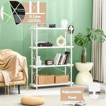 HCHQHS Bookshelf, 4-Tier Industrial Bookcase, White Open Book Shelf, Freestanding Tall Bookshelves with Metal Frame
