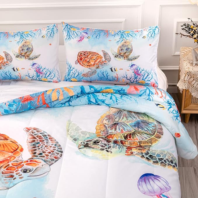 CVHOUSE Sea Turtle Comforter Set,Ocean Watercolor Sea Turtle Bedding Set for Kids Teens,Ocean Sea Turtle Comforter Sea Turtle Duvet Set Room Decor Quilt Set Full Size