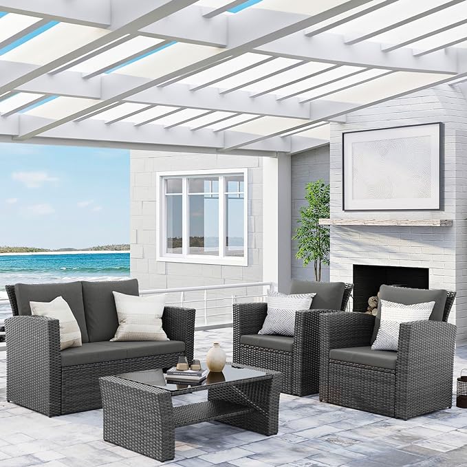 Wisteria Lane 4 Piece Outdoor Patio Furniture Sets, Wicker Conversation Set for Porch Deck, Grey Rattan Sofa Chair with Cushion （Dark Grey