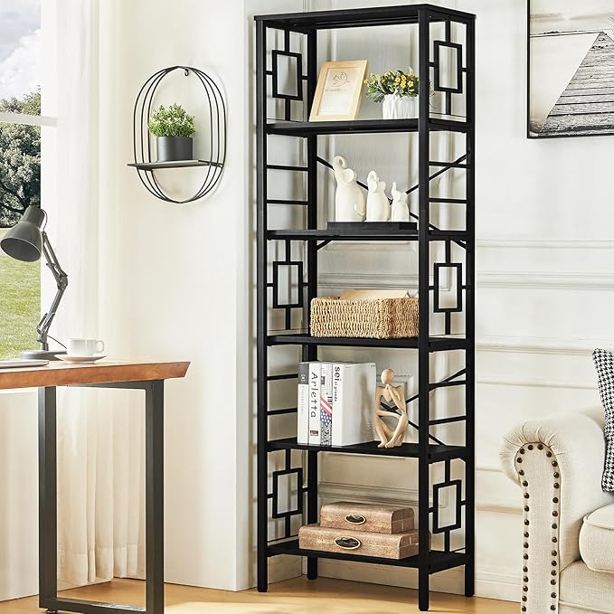 HOMISSUE Tall Bookshelf, Industrial 6-Tier Bookshelf with Unique Design, Open Bookshelves and Bookcases,Black
