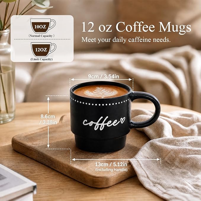 10oz Stackable Coffee Mugs Set of 4, Modern Ceramic Coffee Mug | Coffee Cup for Man, Woman, Dad, Coffee Mug Set for Hot Drinks, Coffee, Cocoa & Tea, Latte Mugs Cup Set for Home & Office Use