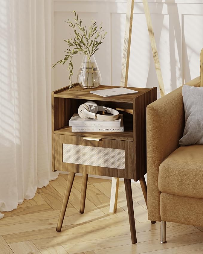 Rattan Nightstand,Modern Bedside Table with Storage Drawer and Open Wood Shelf, for Living Room, Bedroom and Small Spaces, Accent Night Stand with Solid Wood Legs, Easy Assembly,Walnut Brown