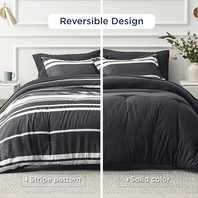 Bedsure Twin XL Comforter Set for College Boys, Black White Striped Bedding Comforter Sets All Season Bed Set with 1 Pillow Sham, Flat Sheet, Fitted Sheet and 1 Pillowcase