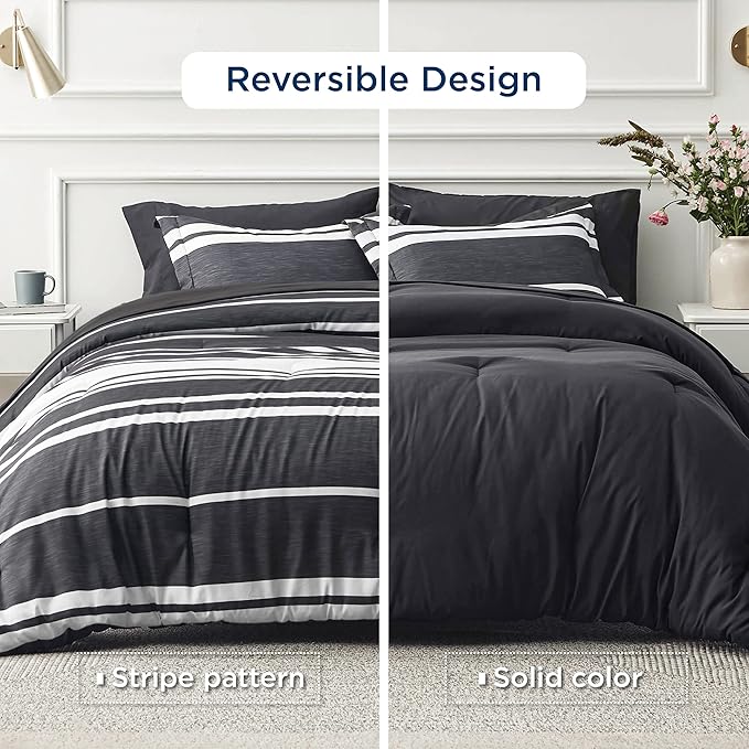 Bedsure Bed in a Bag Full Size 7 Pieces, Black White Striped Bedding Comforter Sets All Season Bed Set, 2 Pillow Shams, Flat Sheet, Fitted Sheet and 2 Pillowcases