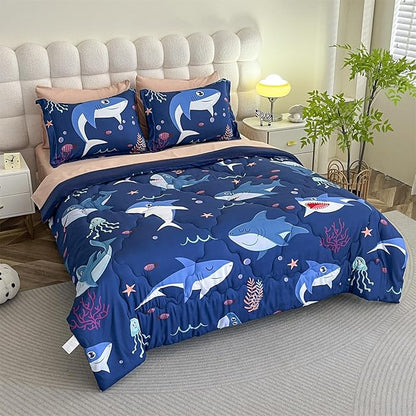 Boys Sharks Comforter Set Full Size 7 Piece Cute Ocean Animal Jellyfish 3D Printed Bedding Set Bed in A Bag for Kids Girls Teens Lightweight Soft Bed Set All Seasons Navy Blue