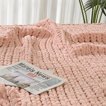 Esterra Chunky Knit Blanket Throw 40"x50", 100% Hand Knitted Chenille Throw Blanket, Cozy Soft Thick Cable Knit Throw Large Rope Knot Crochet Throw Blanket for Sofa Couch Bed, Dusty Pink