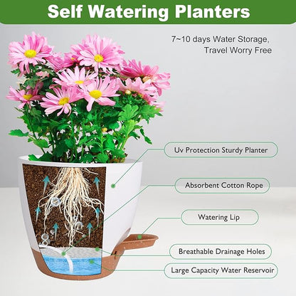 Flower Pots, 8/7/6.5/6/5.5/5 Inch Self Watering Planters for Indoor Outdoor Plants with Drainage Hole, Plastic Planters for House Plants(White)