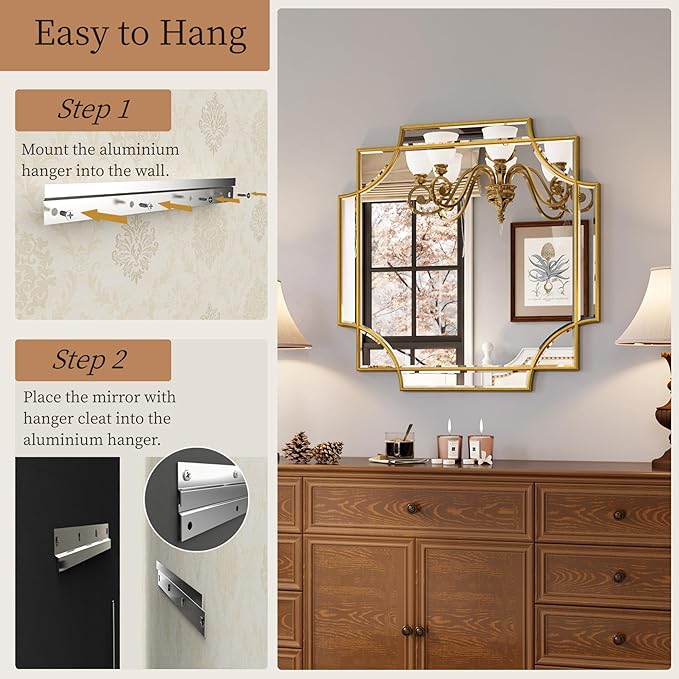 Kelly Miller Gold Framed Mirror for Wall, 26"x26" Gold Square Wall Mirror Vanity Mirror Decorative Mirror Beveled Wall Decor for Bathroom Powder Room Living Room Bedroom Bedside Table Entryway Hallway