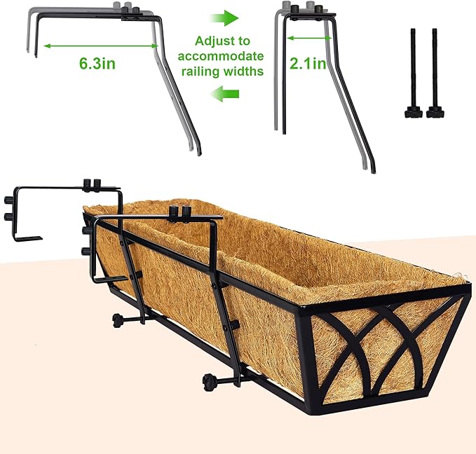 Y&M 24 Inch Window Deck with Coco Liner, Fence Metal Hanging Flower Planter Window Basket Deck Railing Planter Boxes for Outdoor Garden Lawn, 24" Window Boxes Horse Trough with Coconut Coir Liner,4pcs