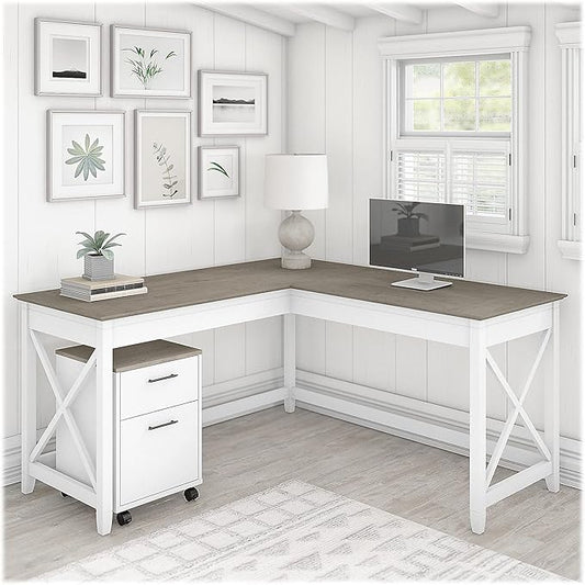 Bush Furniture Key West 60W L Shaped Desk with 2 Drawer Mobile File Cabinet in Pure White and Shiplap Gray