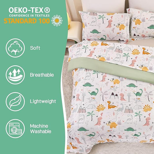 Dinosaur Kids Comforter Set for Boys Twin, Cute Reversible Quilted Dino Printed Bedding Set with Pillow Sham, Lightweight Soft Breathable Machine Washable Bed Set 2 Piece