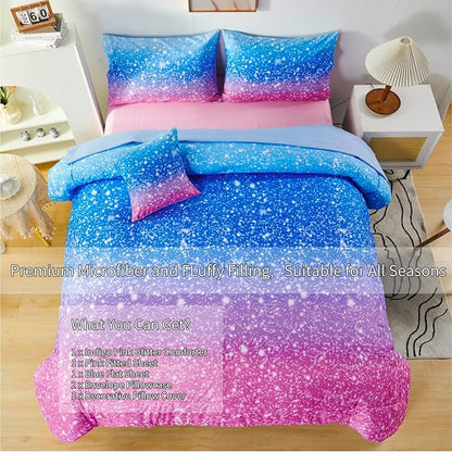 RYNGHIPY 6Pcs Sparkle Gradient Glitter Comforter Sets, Ombre Indigo Pink Gradient Bedding Set for Boys Girls, Rainbow Bed in A Bag Full Size