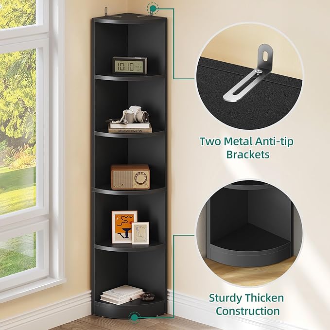 YITAHOME 5-Tier Corner Shelf, 70.8" Tall Modern Free Standing Corner Bookshelf, 5 Shelf Display Corner Bookcase and Bookshelves,Wooden Open Storage Book Shelves for Living Room, Home Office, Black