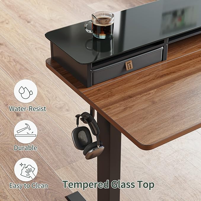FEZIBO 55 x 24 Inch Height Adjustable Glass Electric Standing Desk with Double Drawer, Stand Up Desk with Storage Shelf, Sit Stand Desk, Black Walnut