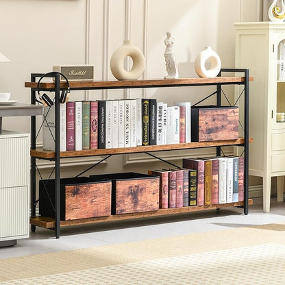 HCHQHS Bookshelf, 3-Tier Long Industrial Bookcase, Rustic Open Book Shelf, Freestanding Horizontal Bookshelves with Metal Frame