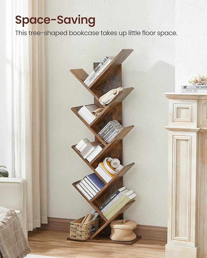 VASAGLE Tree Bookshelf, 9-Tier Bookcase, Large Bookshelf, Space-Saving Corner Shelf, Book Tree, Holds Books, CDs, Games, for Bedroom, Living Room, Home Office, Rustic Brown ULBC11BX