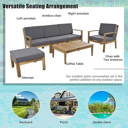Merax 6 Pieces Sectional Sofa Solid Acacia Wood Frame Outdoor Conversation Furniture Sets with Coffee Table and Removable Cushion for Garden Backyard Patio and Poolside, Grey