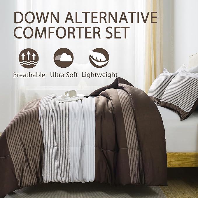 Andency Stripe Comforter Set King Size (104x90 Inch), 3 Pieces Brown Patchwork Striped Comforter, Soft Microfiber Down Alternative Comforter Bedding Set with Corner Loops