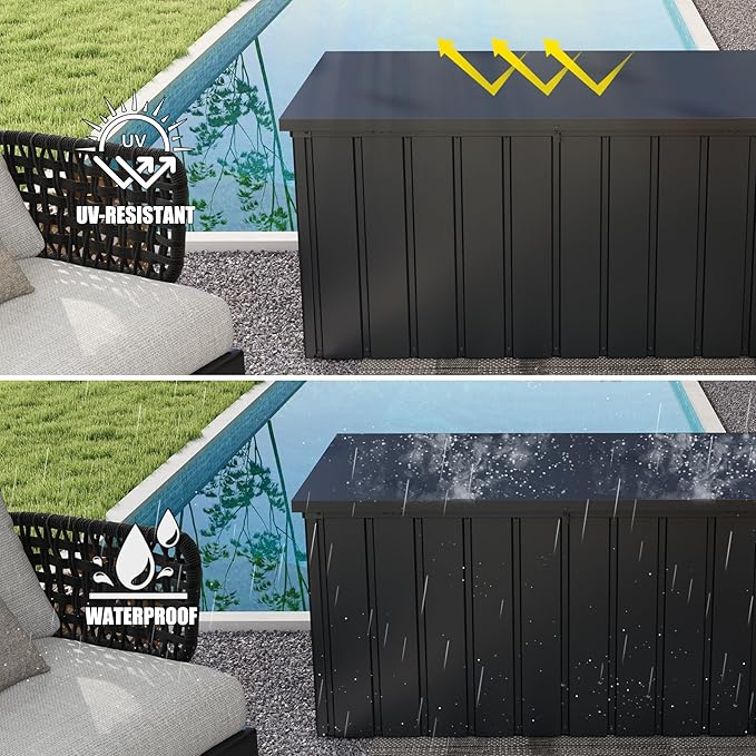 Domi Deck Box 160 Gallon, Waterproof Lockable Steel Outdoor Storage Container for Outside Cushions, Garden Tools and Pools Equipment, Gray