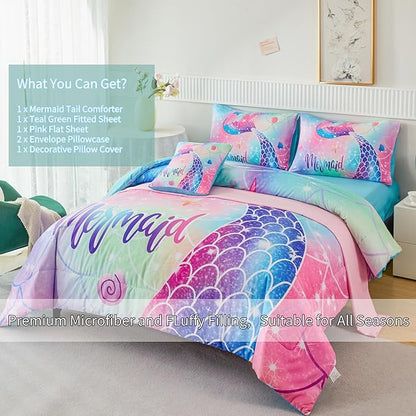 RYNGHIPY Mermaid Full Girls Bedding Set, Colorful Rainbow Kids Girls Comforter Set with Sheets Soft and Lightweight, 6 Pieces Teen Girls Bed in a Bag