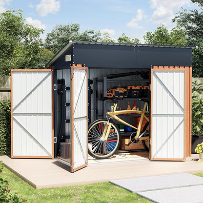 8x4 Ft Outdoor Metal Shed, Storage Shed with Floor, Updated Frame Structure & Triple Lockable Doors, Large Garden Tool Shed for Backyard, Patio, Lawn & Utility Storage