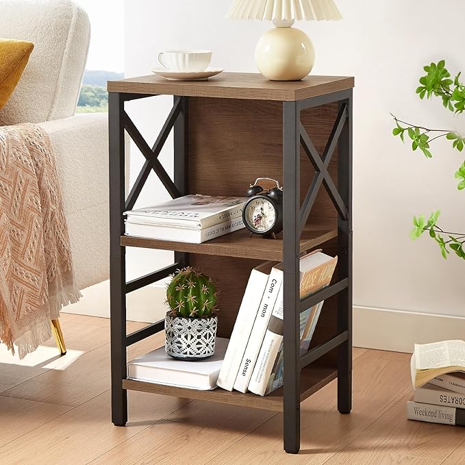 Bookcase, Industrial Small Bookshelf,3-Tier Bookcase Storage Organizer, Small Book Shelf for Small Spaces, Living Room, Bedroom and Home Office, Brown
