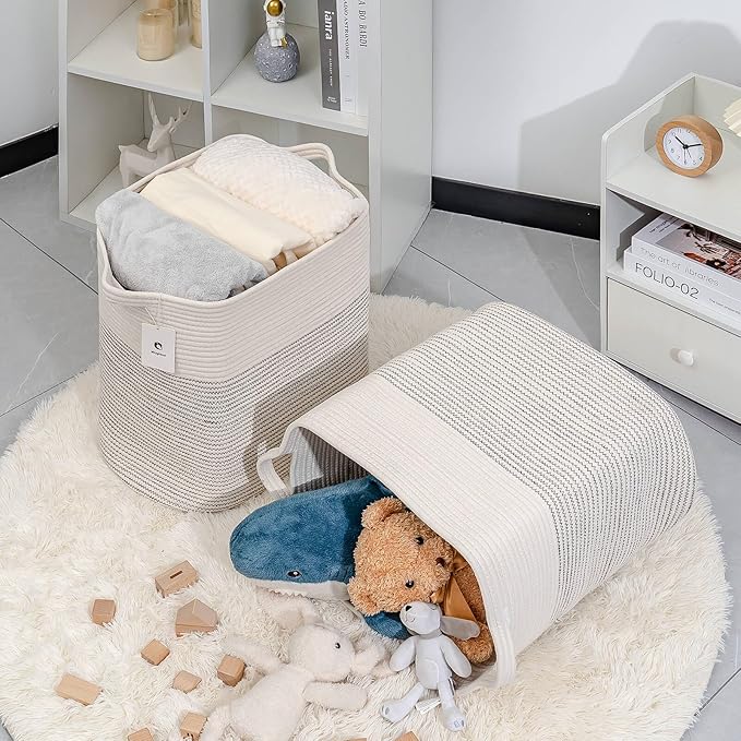 Cloth Large Blanket Basket,Storage Basket Bins Rectangle Small Woven Baskets for Storage, Nursery Cotton Rope Basket Living Room, Toy Basket For Organizing, Clothes Laundry Baskets set of 2