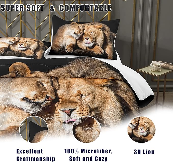 Bodhi Lover Couple Lion Comforter Set Full Soft Microfiber Lion Bedding Set Full Size Animal Comforter Set with Pillowcases,1 Comforter+2 Pillow Shams #4004