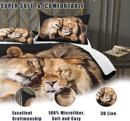 Bodhi Lover Couple Lion Comforter Set Full Soft Microfiber Lion Bedding Set Full Size Animal Comforter Set with Pillowcases,1 Comforter+2 Pillow Shams #4004