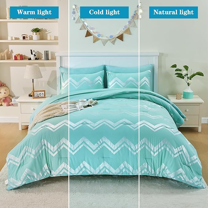 Wowelife Teal Comforter Set Queen7 Pieces Blue Glitter Metallic Bedding Set Full Teal Kids Comforter Set Breathable with Comforter, Flat Sheet, Fitted Sheet, 2 Pillow Shams and 2 Pillowcases