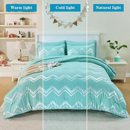 Wowelife Teal Comforter Set Queen7 Pieces Blue Glitter Metallic Bedding Set Full Teal Kids Comforter Set Breathable with Comforter, Flat Sheet, Fitted Sheet, 2 Pillow Shams and 2 Pillowcases
