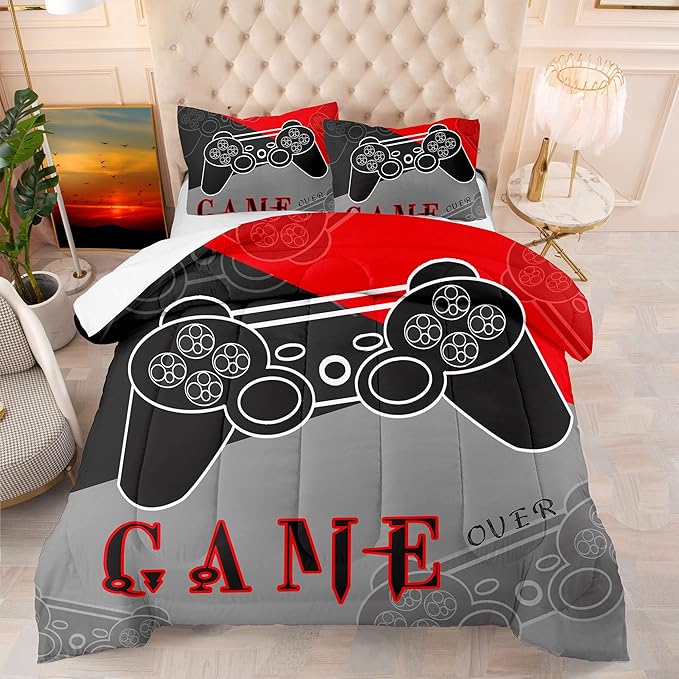 Gaming Bedding Sets for Boys Bedroom Fluffy Video Gamer Comforter Set Twin Size Black Red Game Controller Beddings for Kids Teens 1 Comforter and 1 Pillowcase