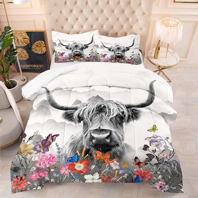 Tailor Shop Highland Cow Comforter Sets Twin Size,Highland Cow Bedding Set for Teens Kids Man,Cattle Comforter Western Animal Wildlife Farmhouse Bull Mountain Flower Comforter with 1 Pillowcase