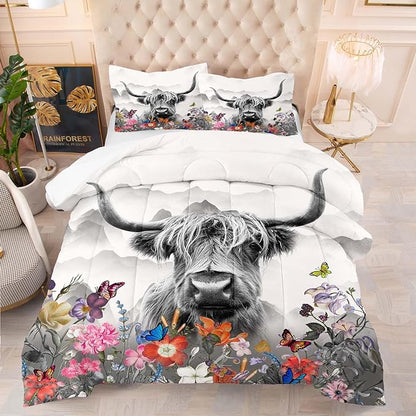 Tailor Shop Highland Cow Comforter Sets Twin Size,Highland Cow Bedding Set for Teens Kids Man,Cattle Comforter Western Animal Wildlife Farmhouse Bull Mountain Flower Comforter with 1 Pillowcase
