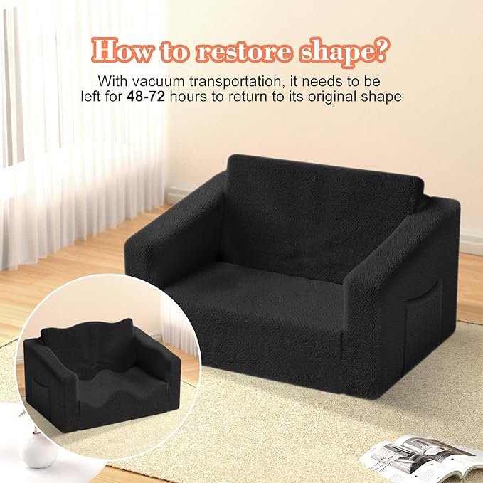 Extra Wide 2 Seater Kids Couch, 2-in-1 Toddler Chairs for Boys & Girls, Kids Sofa with Storage, Comfortable Mini Couch for Kids, Fun Kids Lounge Chair, Toddler Furniture,Children's Gifts(Black)