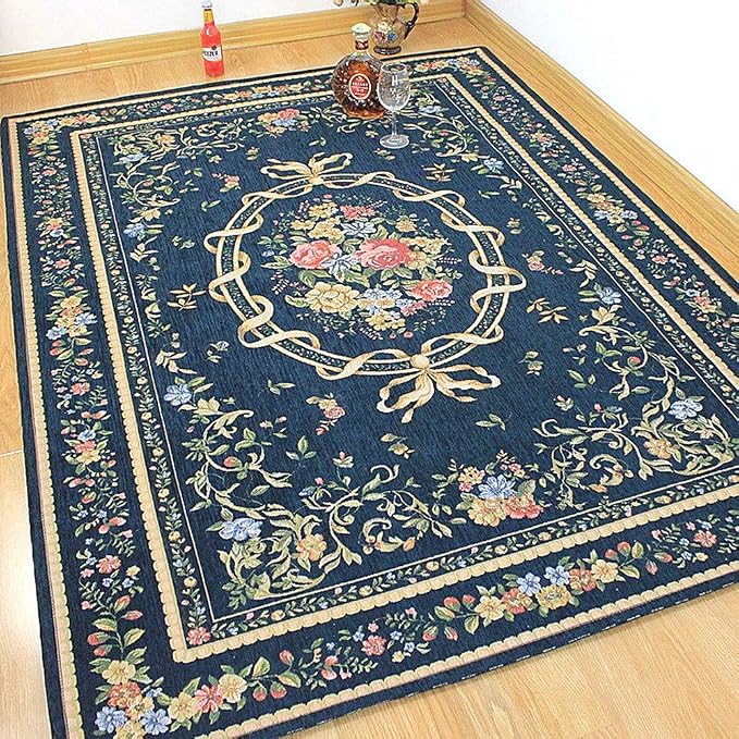 Elegant Traditional Accent Floral Floor Rugs Vintage Rustic Area Rugs for Living Room Bedroom Dinning Room, 55'' x 79'', Navy Blue