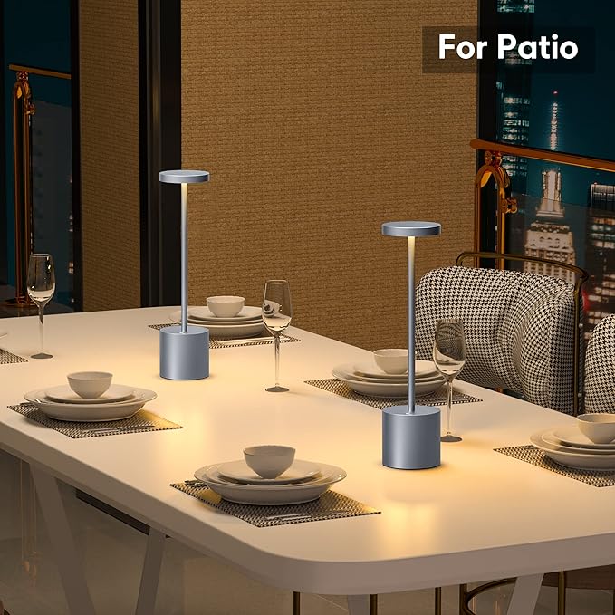 Cordless Table Lamp, LED Metal USB Rechargeable 6000mAh 3 Levels Dimmable Brightness Night Light Desk Lamp Nightstand Reading Lamps for Bedside Study Restaurant Dining Patio 13.5in Grey 2pack