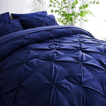 Ubauba 7pc Full Size Bed Comforter Set with Sheets, Dark Blue Pinch Pleating 7 Piece Bed in a Bag, Pintuck Royal Blue Bedding Sets for All Season (Navy,Full)