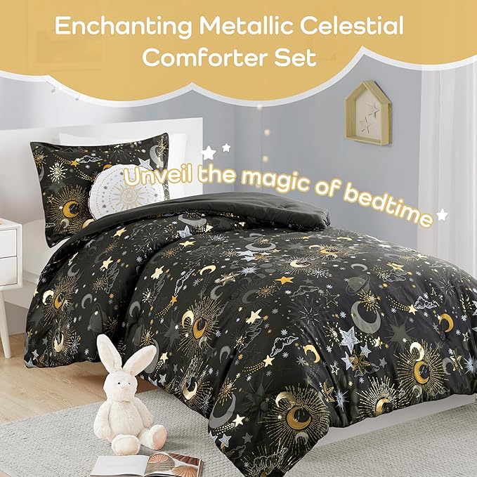 Mi Zone Kids Twin Comforter Set, Celestial Metallic Comforter Set Starry Sky, Moon & Sun Comforter, All Seasons Lightweight & Fluffy Comforter Bed Set, 1 Sham, Celia, Twin Charcoal/Gold 3 Piece