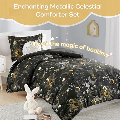 Mi Zone Kids Twin Comforter Set, Celestial Metallic Comforter Set Starry Sky, Moon & Sun Comforter, All Seasons Lightweight & Fluffy Comforter Bed Set, 1 Sham, Celia, Twin Charcoal/Gold 3 Piece