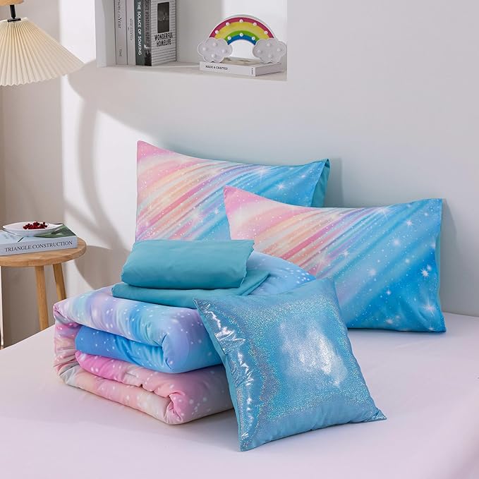 Btargot Super Soft 6 Pieces Gradient Star Ring Comforter Set, Colorful Glitter Rainbow Star Pattern Bedding Set for Boys Girls Teens, Queen Light Blue
