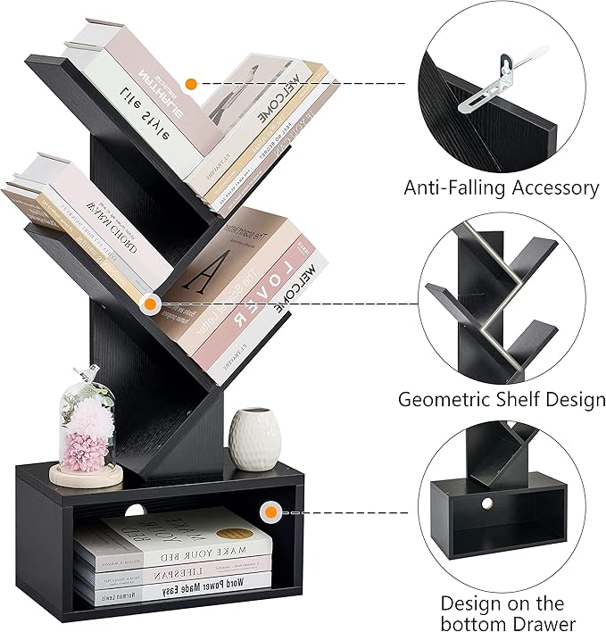 Hoctieon 3 Tier Tree Bookshelf, Small Bookcase with Drawer, Desktop Book Shelf, Display Floor Standing Storage Shelf, Book Organizer Shelves for Home Office, Black