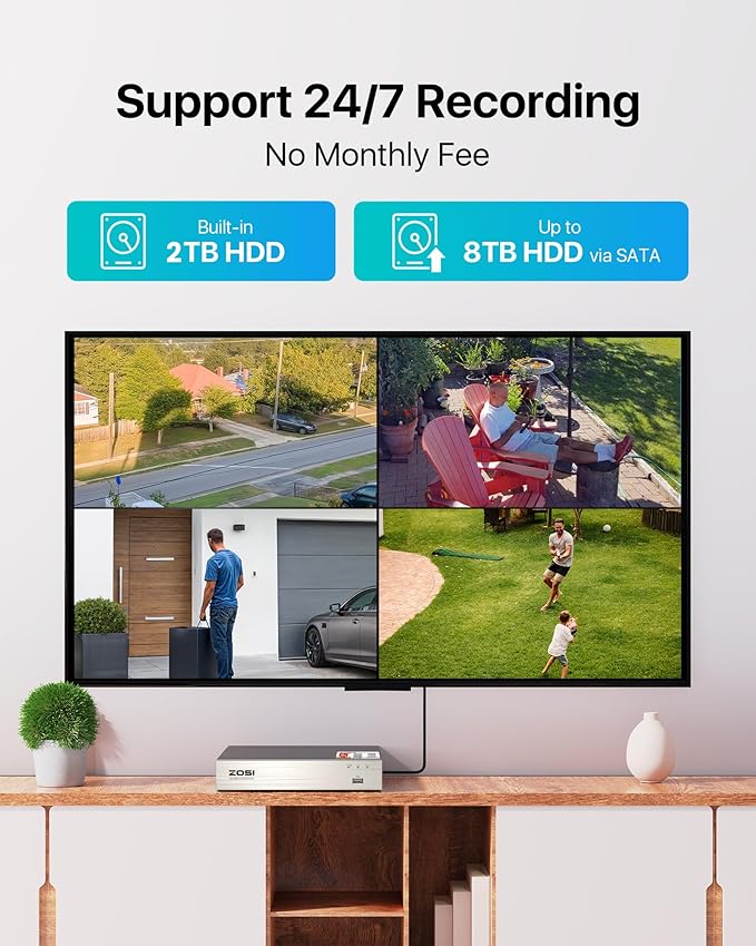 ZOSI 8CH 3K Lite Home Security DVR with 2TB HDD,AI Human/Vehicle Detection,Remote Access,Alert Push,H.265+ Hybrid 4-in-1 Wired Surveillance DVR for HD-TVI, CVI, CVBS, AHD 960H/720P/1080P CCTV Cameras