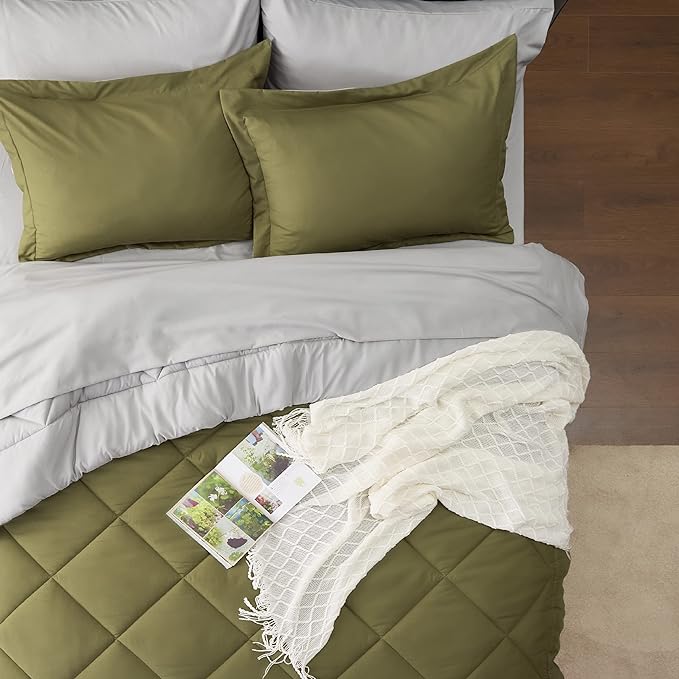 Bedsure Olive Green Twin XL Comforter Set - 5 Pieces Reversible Twin XL Bed in a Bag Twin XL Bed Set with Comforters, Sheets, Pillowcase & Sham, Twin XL Bedding Sets