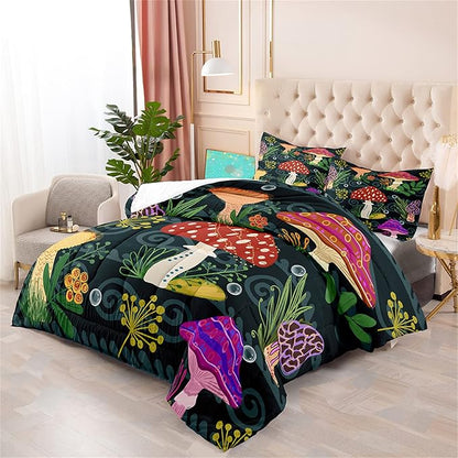 Mushroom Comforter for Girls Boys Teen, Cartoon Fungus Bedding Set Full Size, Cute Plants Pattern Black Comforter Set Soft Breathable Microfiber Quilt for All Season 3Pcs with Pillowcases