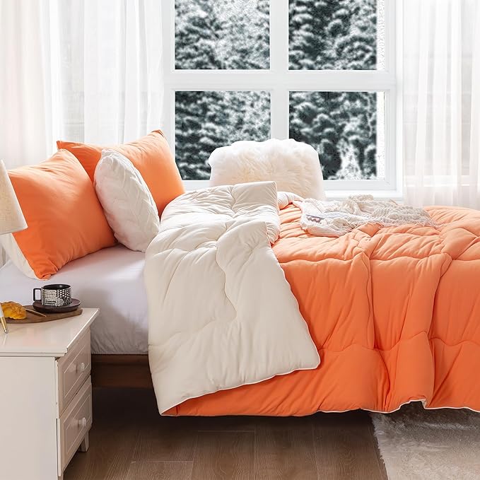 COTTEBED Warm Reversible Softness Burnt Orange and Beige King Size Comforter Sets Clearance, California King Soft Fully Breathable Bedding Down Comforter and Pillowsham for Women Winter King/Cal King