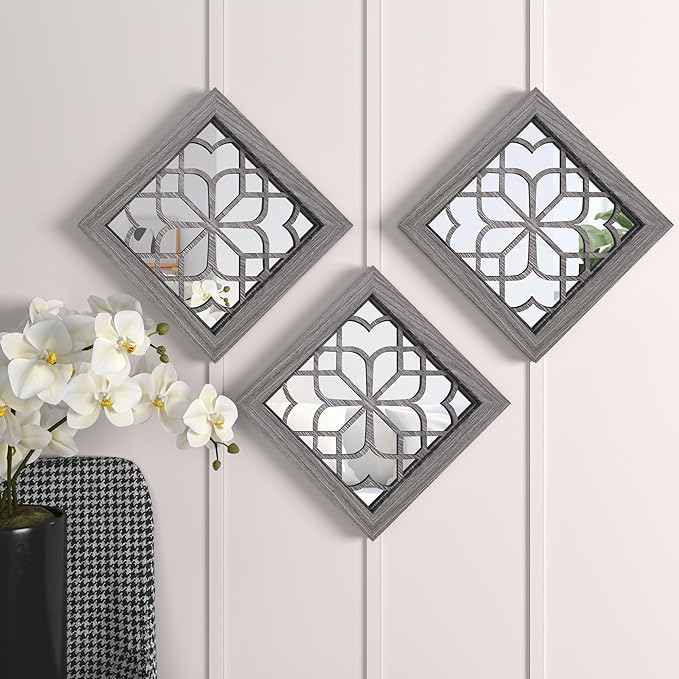 4pcs Farmhouse Wall Mirror with Carved Floral Design -Rustic Mirror Decor for Home, 12x12 inch(Brown)